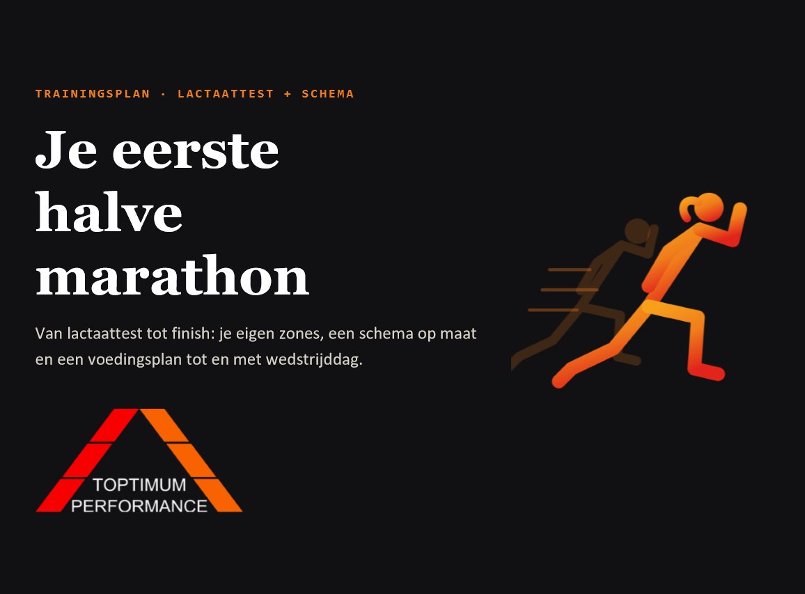 Kop van een ingevuld sjabloondossier «Je eerste halve marathon», Toptimum Performance